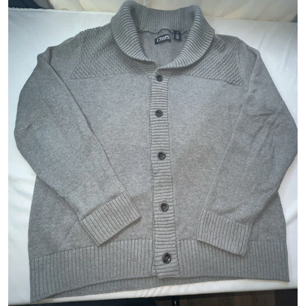 Chaps Cardigan Mens Large‎ Gray Shawl Neck Sweater  100% Cotton Button